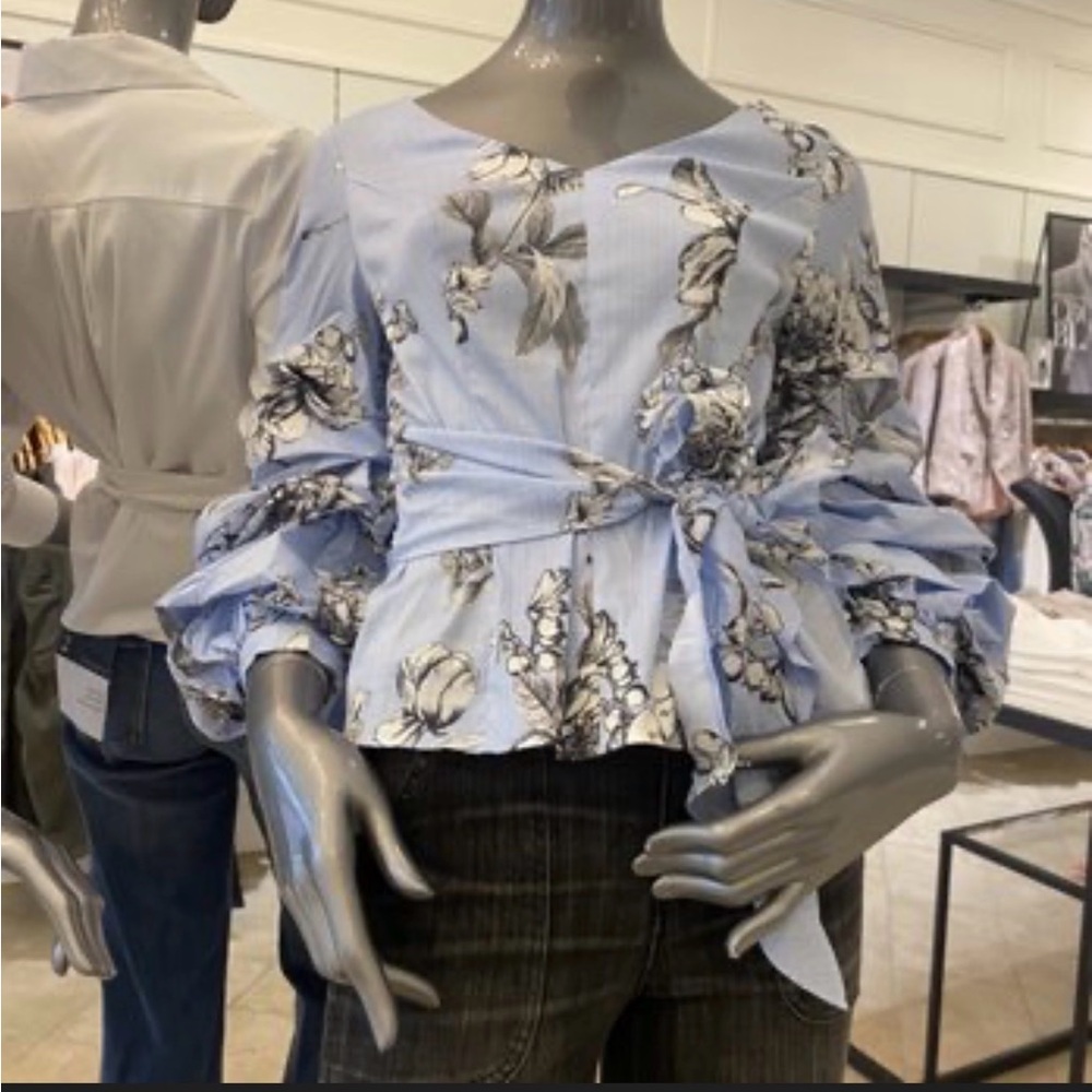 WHBM Floral Tie-Waist Puff Sleeve Top - Light Blue